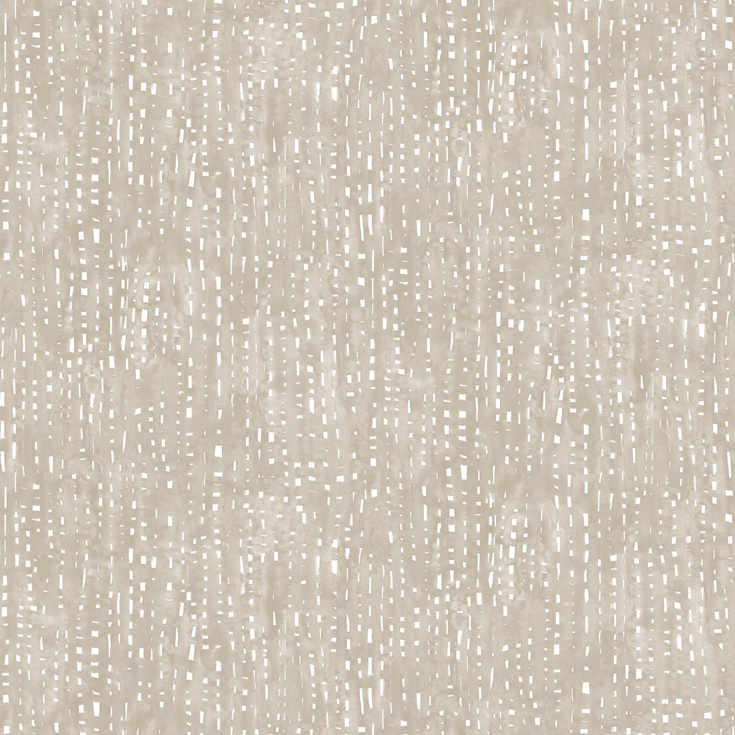 Painterly small-scale dashed dot print in white on a soft taupe watercolor field.