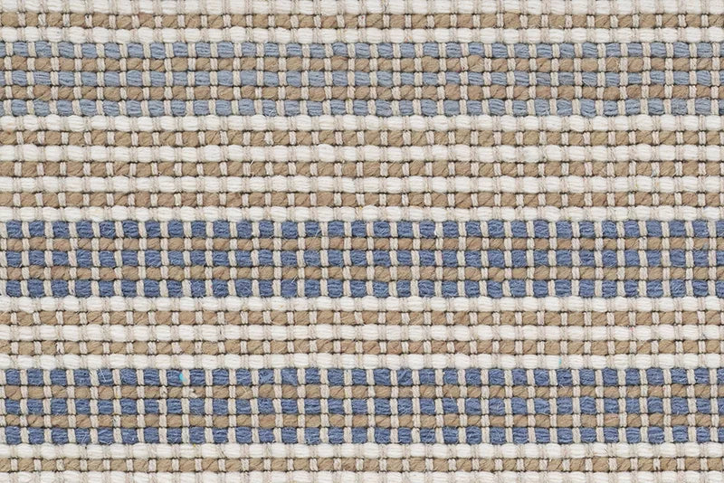 Broadloom carpet in a textural stripe in cream, beige and blue. 