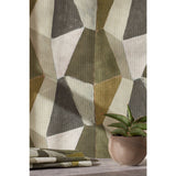 Detail image of a green patterned fabric and small spiky potted plant in front of a wall with mixed three dimensional diamond forms with black, white, taupe, dark forest green, dark sage green and a bright olive green on a textured paper, hover