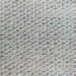 Handwoven rug with small scale diamond lattice in blue on a brown field. 