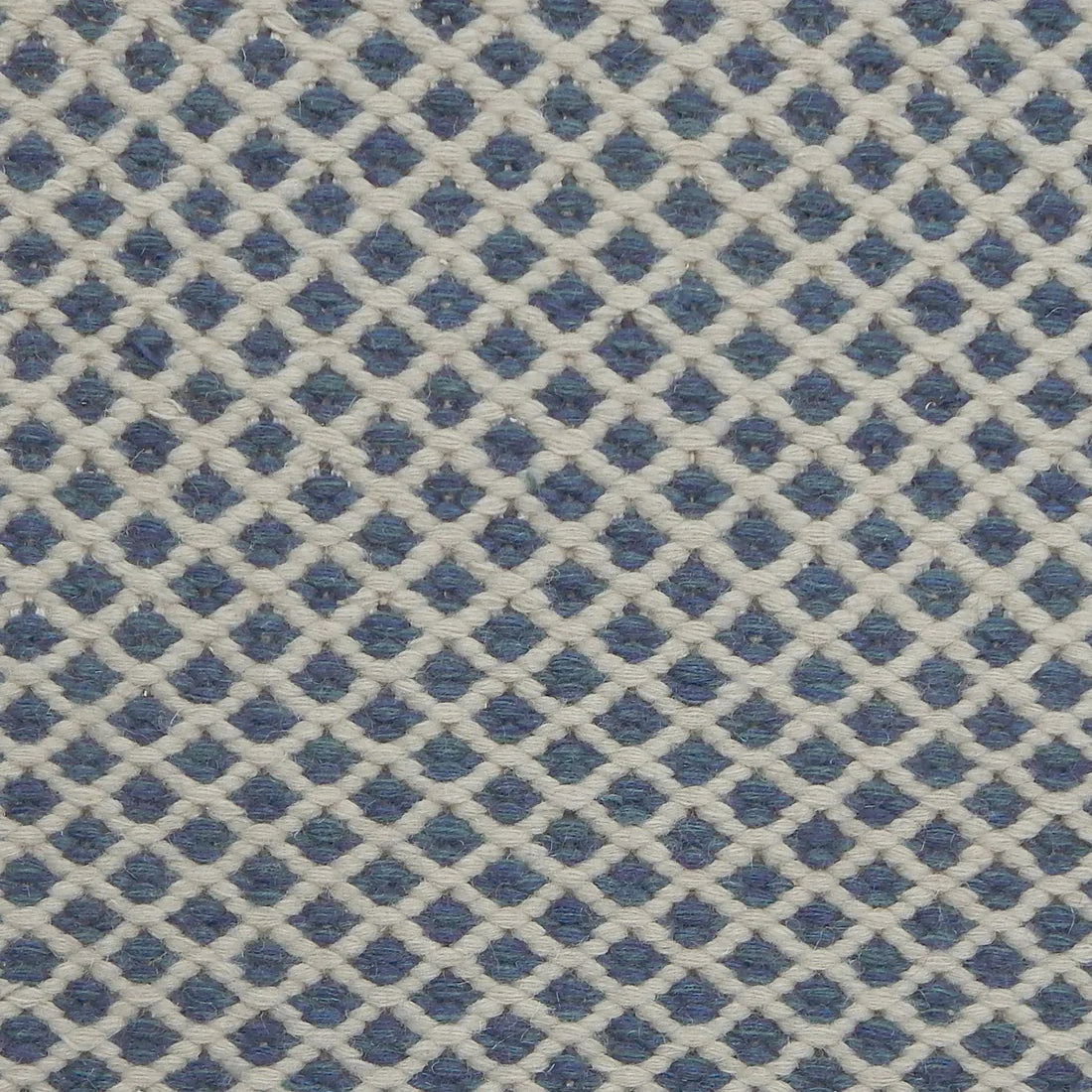 Handwoven rug with small scale diamond lattice in white on a blue field. 