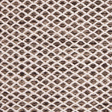 Handwoven rug with small scale diamond lattice in cream on a brown field. 