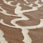 Close-up of a textured brown and beige rug with wavy pattern