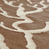 Close-up of a textured brown and beige rug with wavy pattern