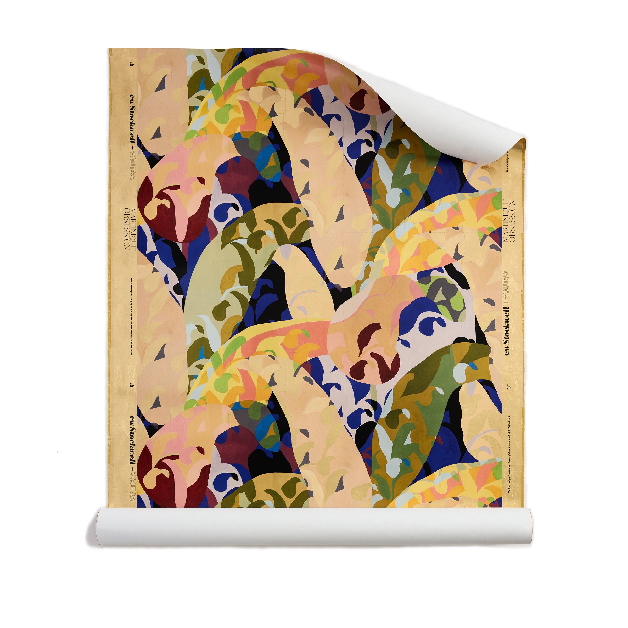 Roll of wallpaper with painterly collaged palm frond pattern in gold, olive green, blue, pint and purple on a white background