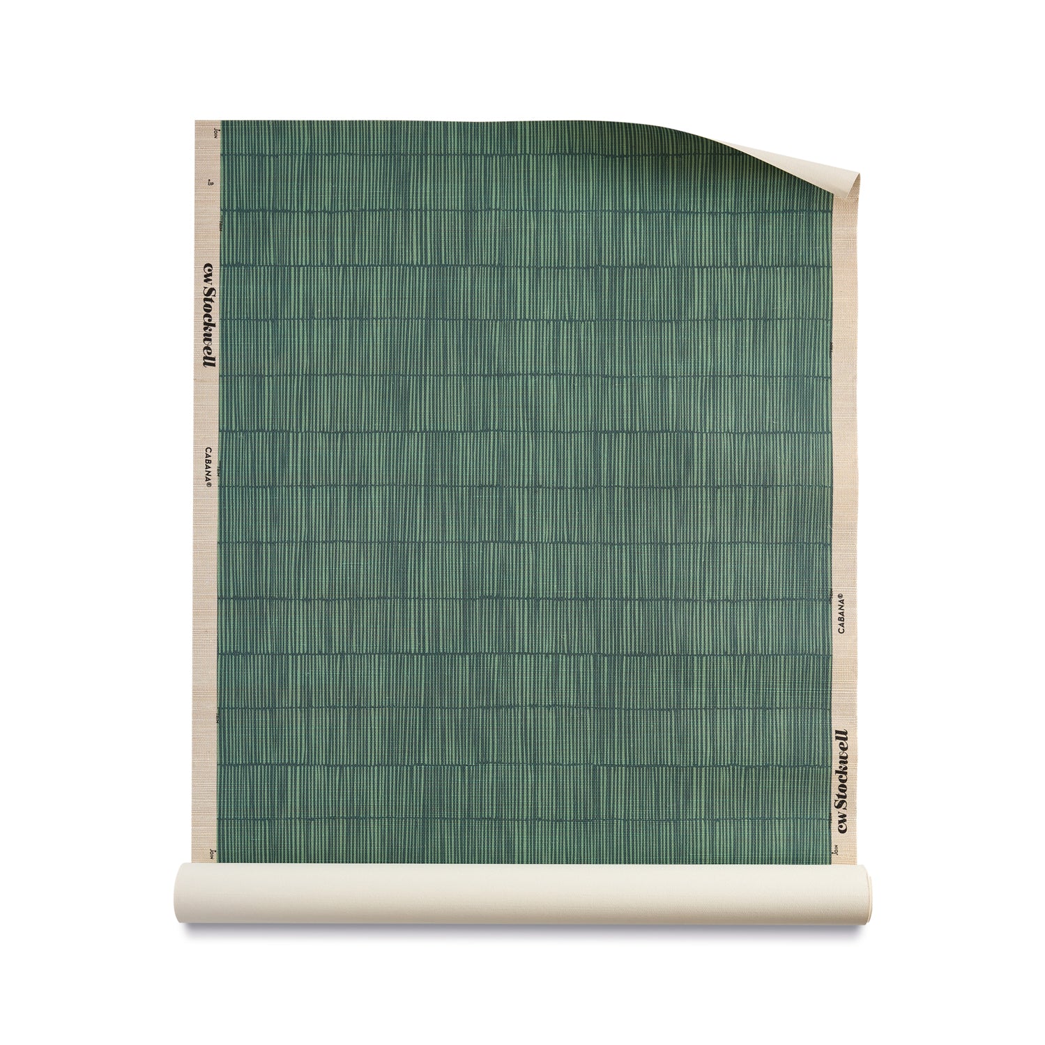 Roll of grasscloth with dashed striped grid in tonal emerald green.