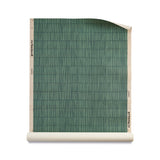 Roll of grasscloth with dashed striped grid in tonal emerald green.