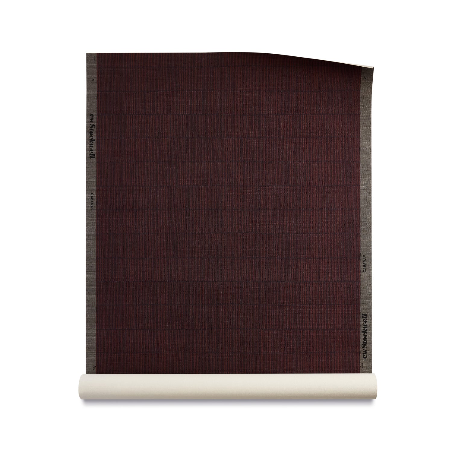Roll of grasscloth with dashed striped grid in crimson on plum purple.