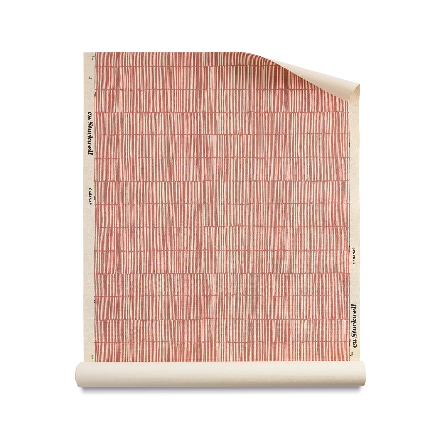 Roll of grasscloth with dashed striped grid in cream on clay pink.