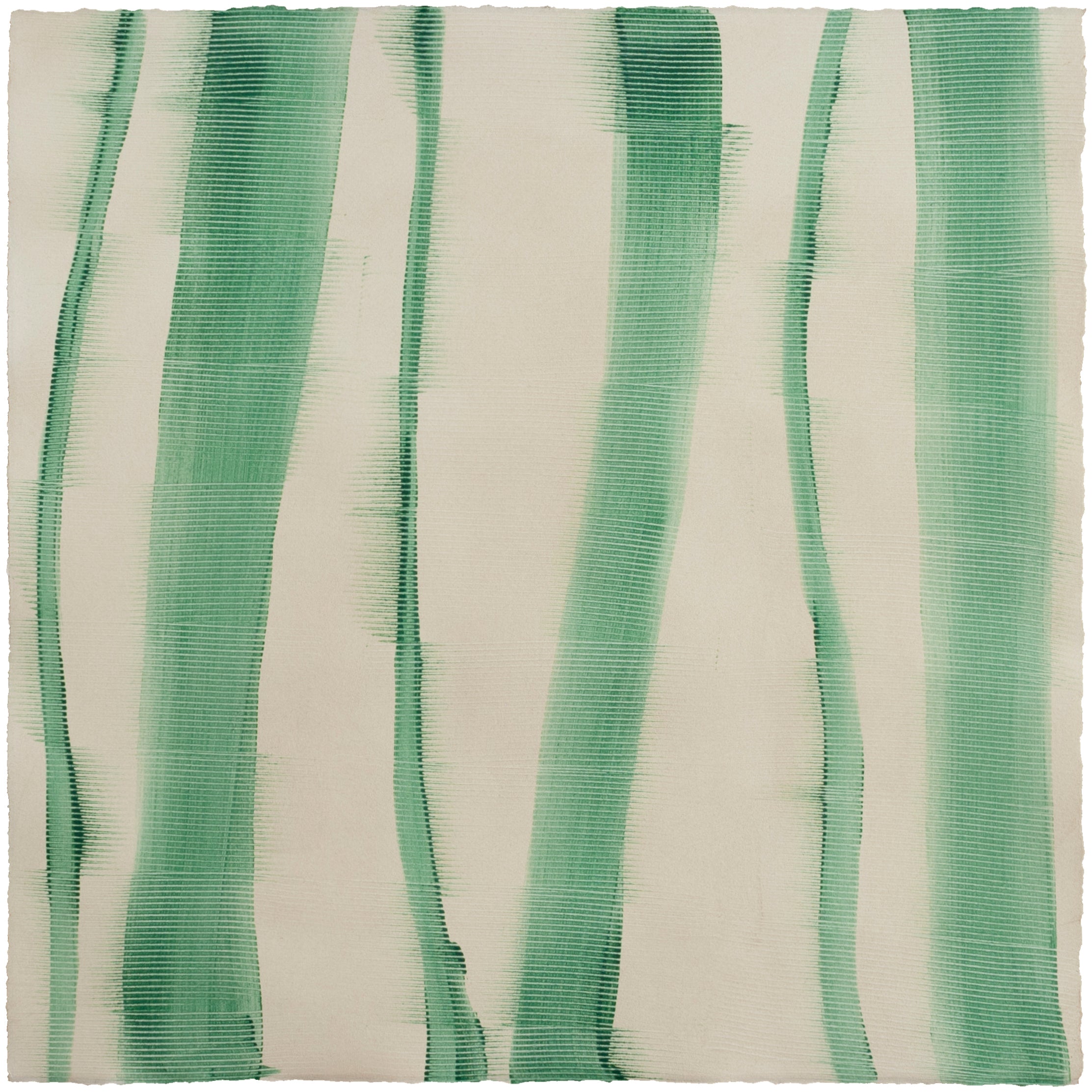 Sheet of hand-painted wallpaper with an irregular combed stripe pattern in emerald on a beige field.
