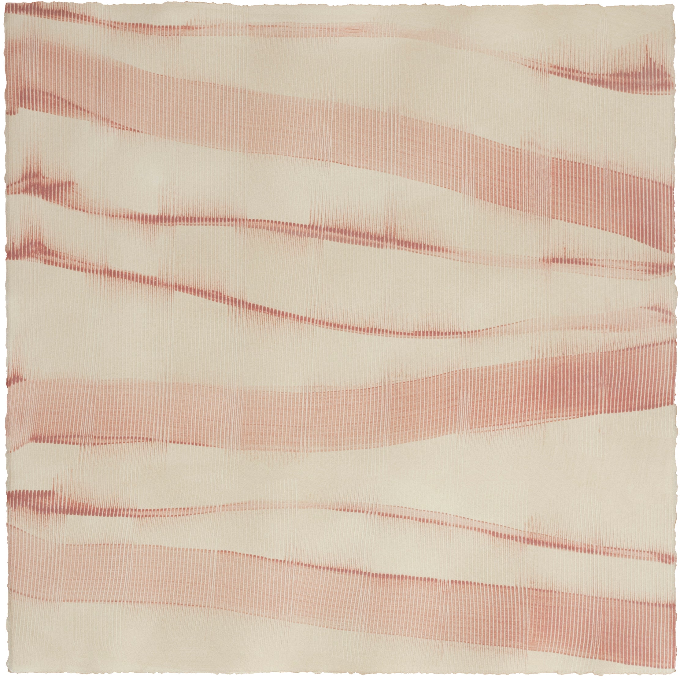Sheet of hand-painted wallpaper with an irregular combed stripe pattern in pink on a tan field.