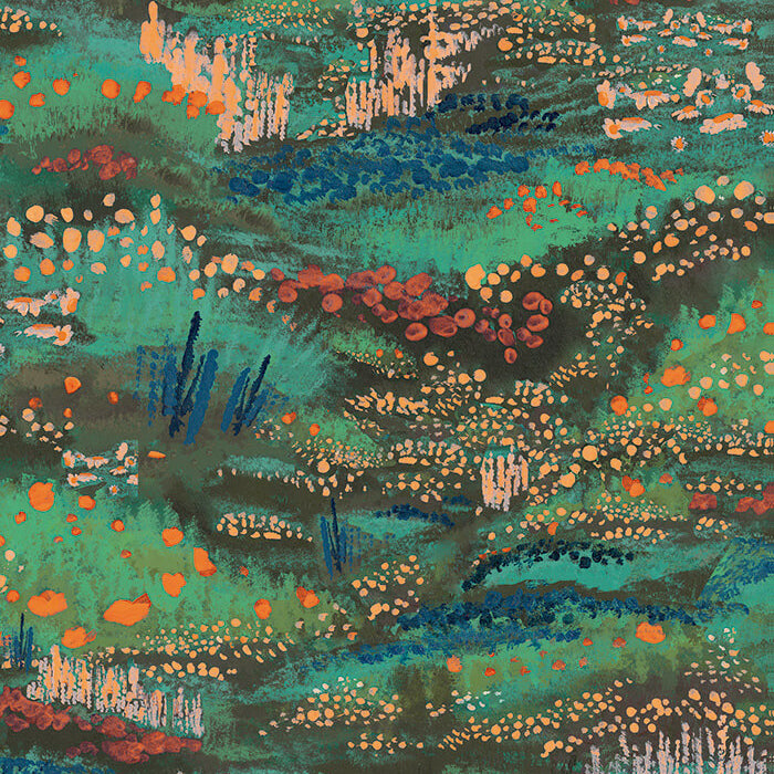 Detail of wallpaper in a painterly floral print in shades of green, blue and pink.