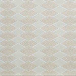 Close up of wallpaper with linear stacked diamond stripe in shades of beige.