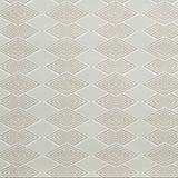 Close up of wallpaper with linear stacked diamond stripe in shades of beige.