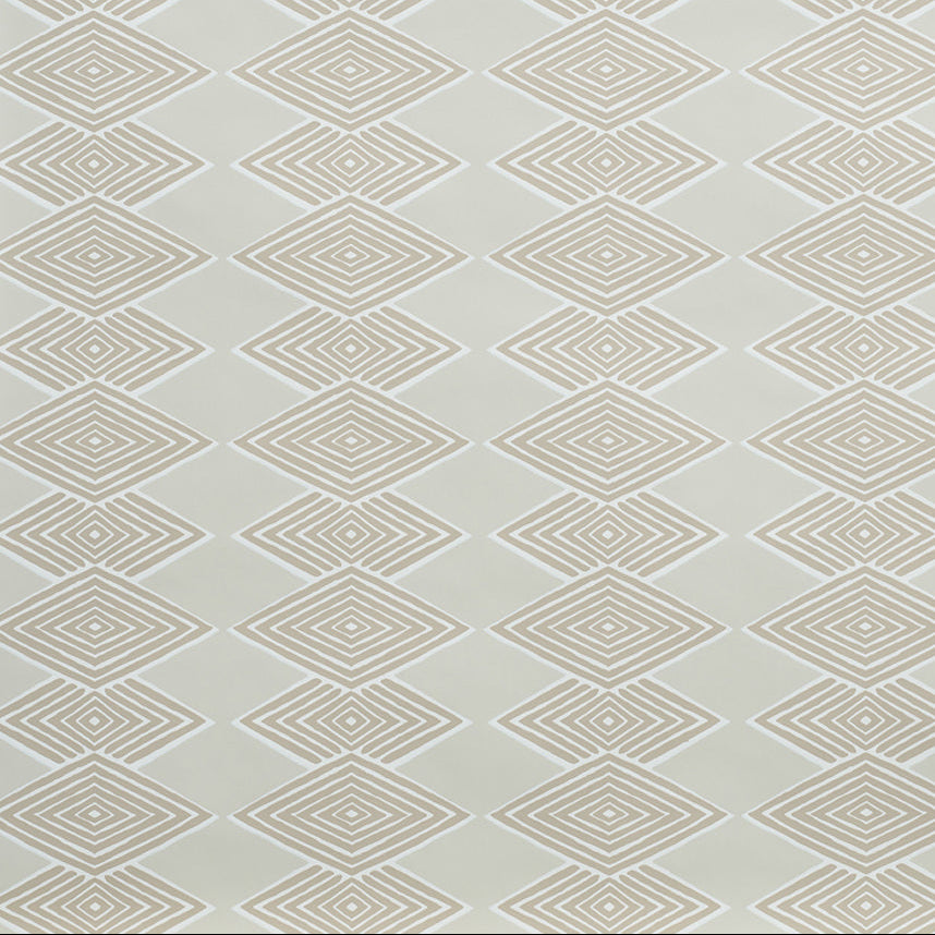 Close up of wallpaper with linear stacked diamond stripe in shades of beige.