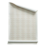 Roll of wallpaper with linear stacked diamond stripe in shades of beige.