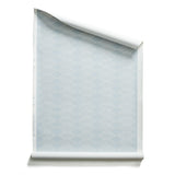 Roll of wallpaper with linear stacked diamond stripe in shades of pale blue.