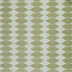 Close up of wallpaper with linear stacked diamond stripe in green on light blue. 