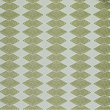 Close up of wallpaper with linear stacked diamond stripe in green on light blue. 