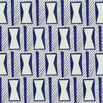 A close-up of a patterned wallpaper featuring a repeating geometric design of white hourglass-like shapes outlined in blue, set against a light gray background with diagonal blue stripes.