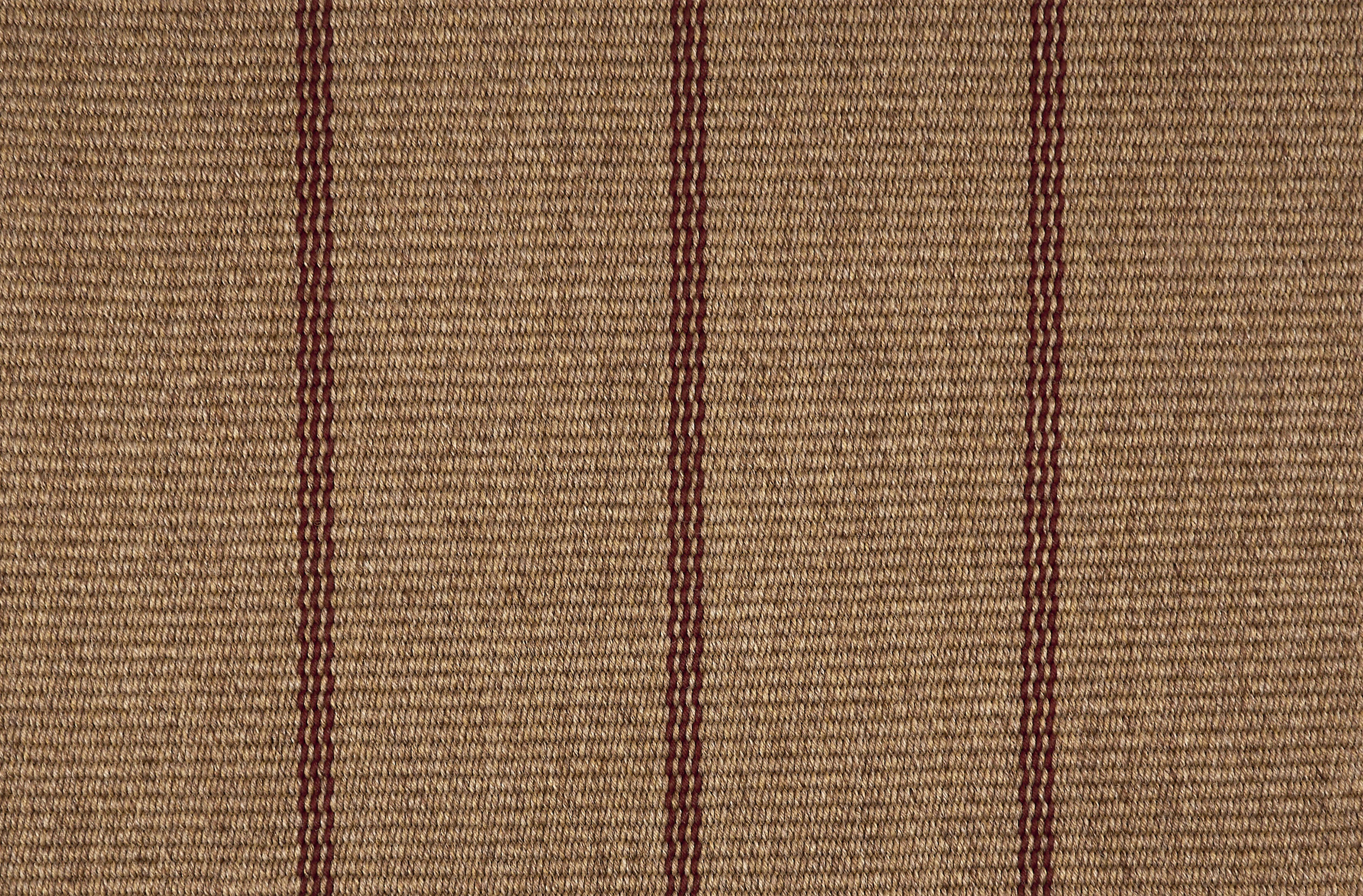 Broadloom carpet in camel brown with a crimson red widely placed pinstripe