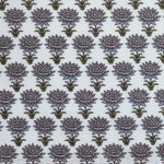 Pattern of purple flowers with green stems on a white background