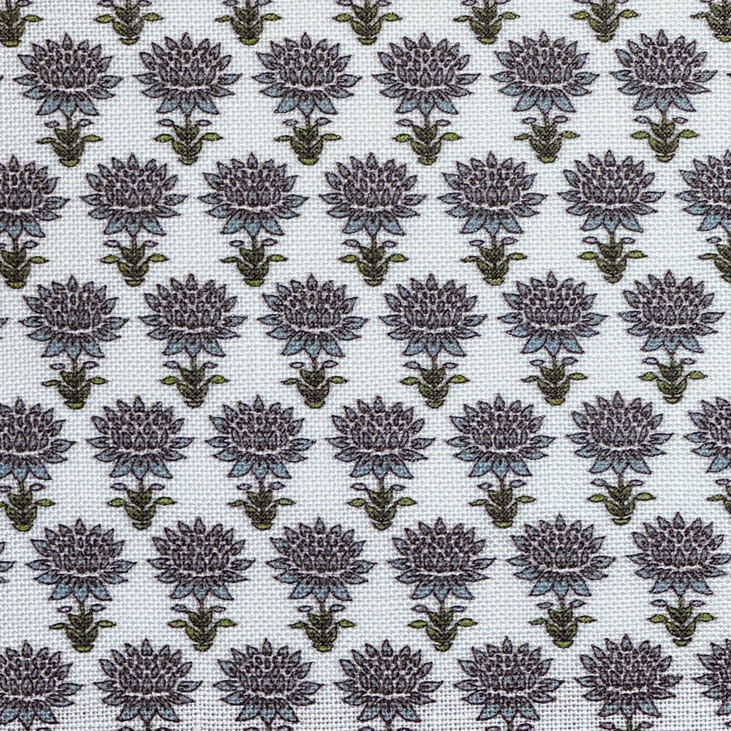 Pattern of purple flowers with green stems on a white background