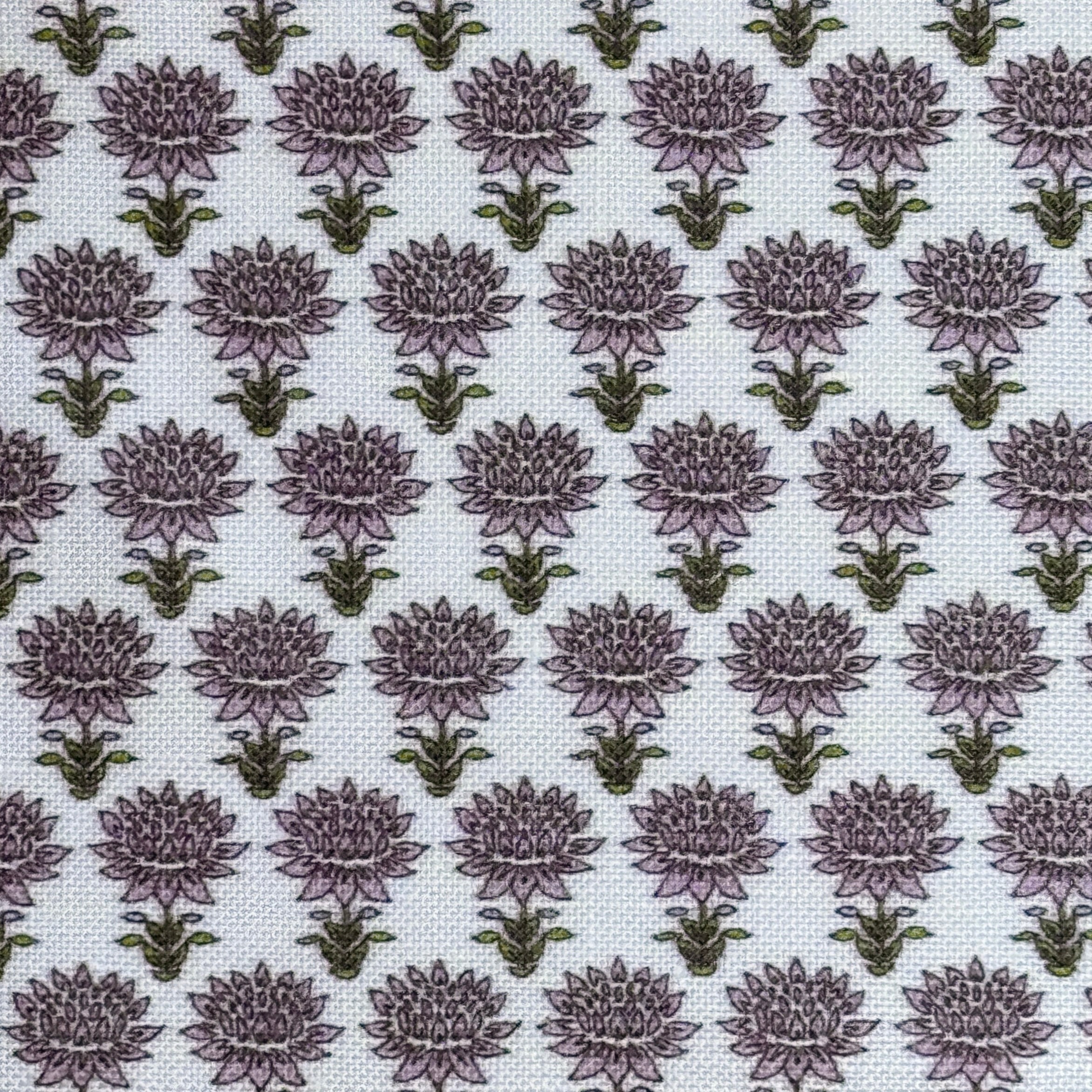 Pattern of purple flowers with green stems on a light blue background