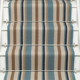 Striped flatweave runner in blue tan cream and black on white staircase