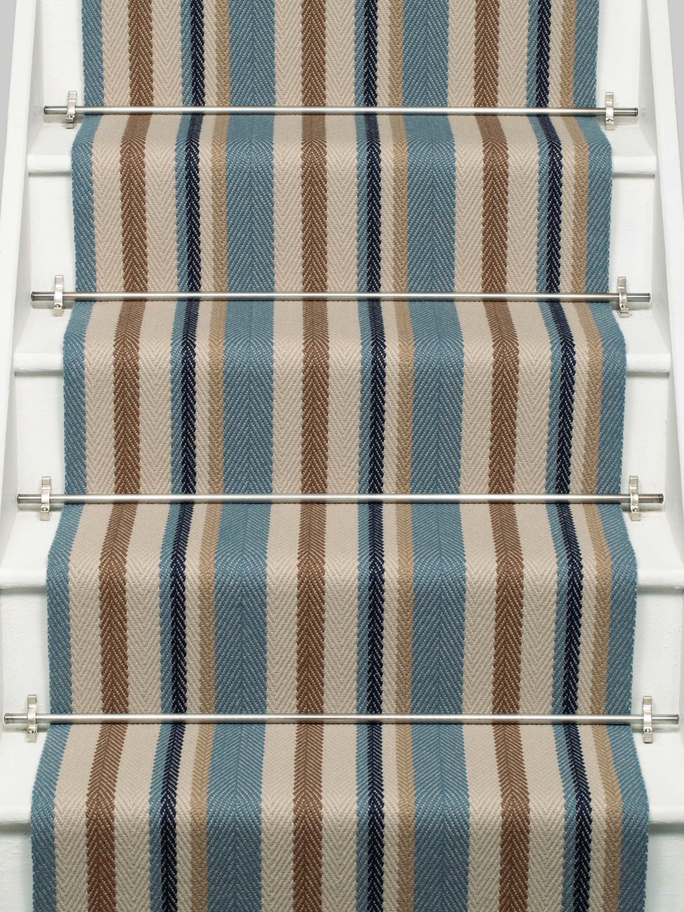 Striped flatweave runner in blue tan cream and black on white staircase