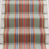 Striped flatweave runner in blue orange green and red on white staircase