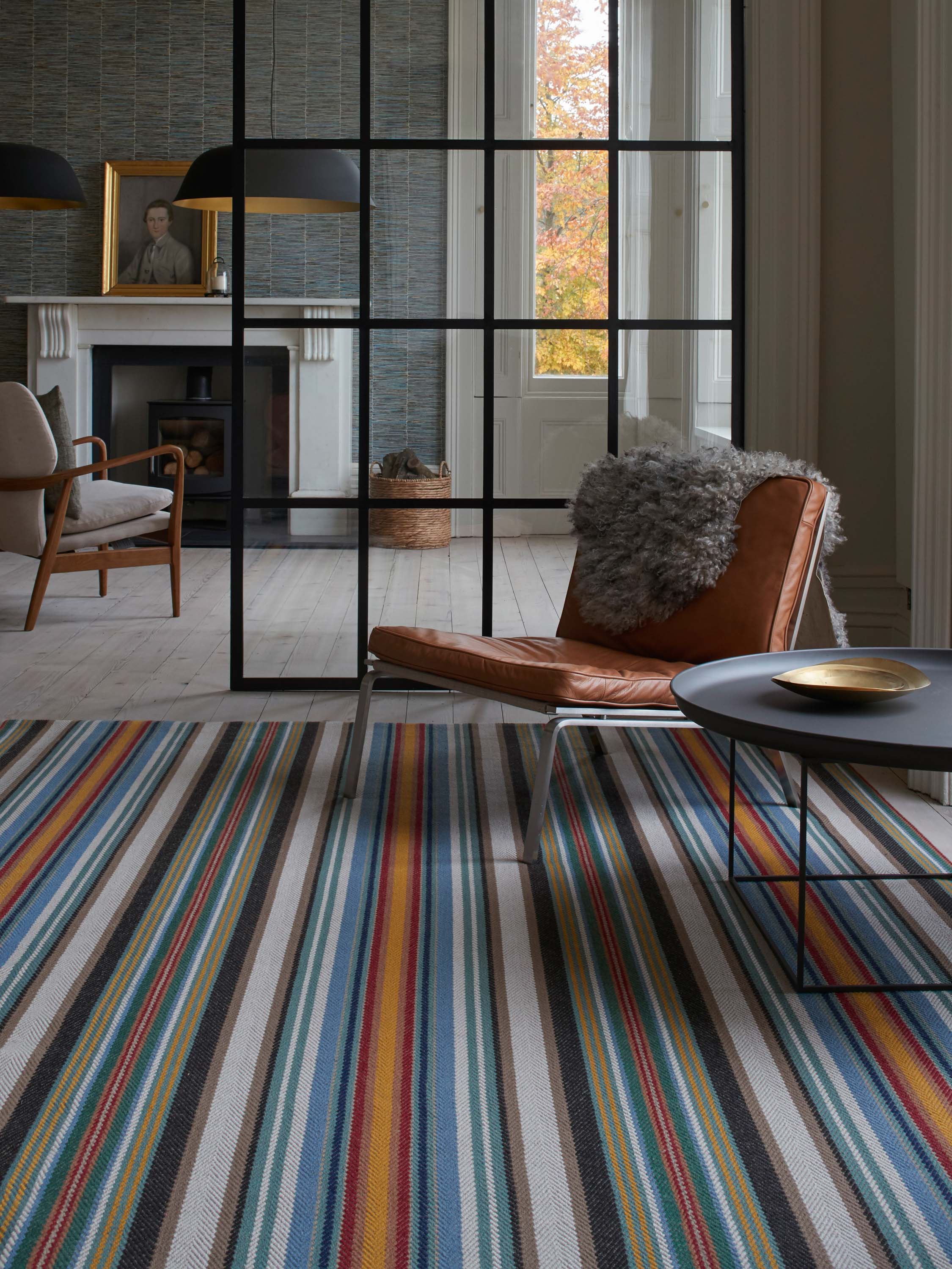 Striped flatweave runner in blue yellow red and black white