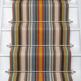 Striped flatweave runner in sage yellow red and blue on white staircase