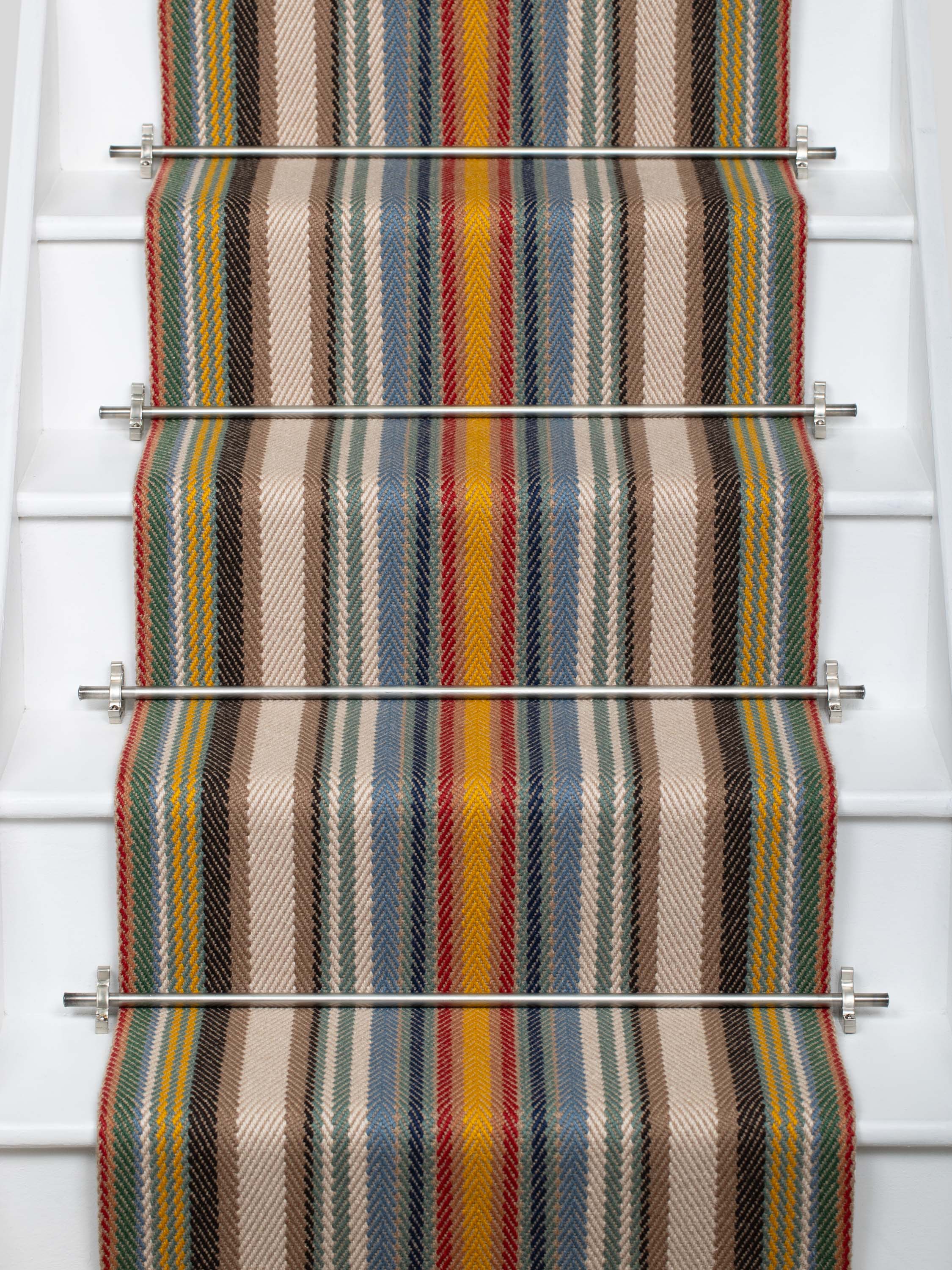 Striped flatweave runner in sage yellow red and blue on white staircase