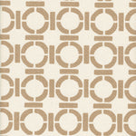Detail of fabric in a round geometric grid print in light brown on a cream field.