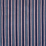 Detail of a hand-woven cotton fabric in a stripe pattern in shades of purple, pink and blue.