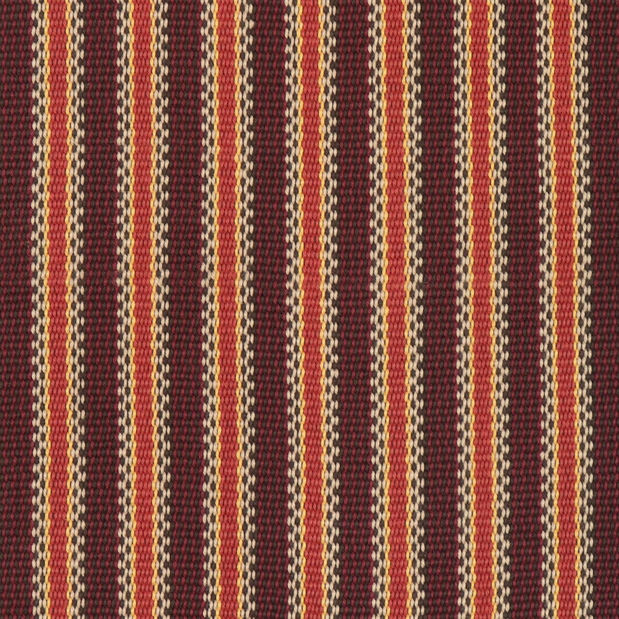 Detail of a hand-woven cotton striped fabric in shades of red, brown and yellow.
