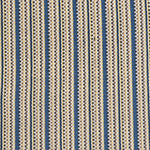 Detail of a hand-woven cotton fabric in an intricate gridded stripe pattern in shades of blue, brown, yellow and white.