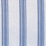Detail of a hand-woven cotton fabric in an irregular stripe pattern in navy and blue on a white field.
