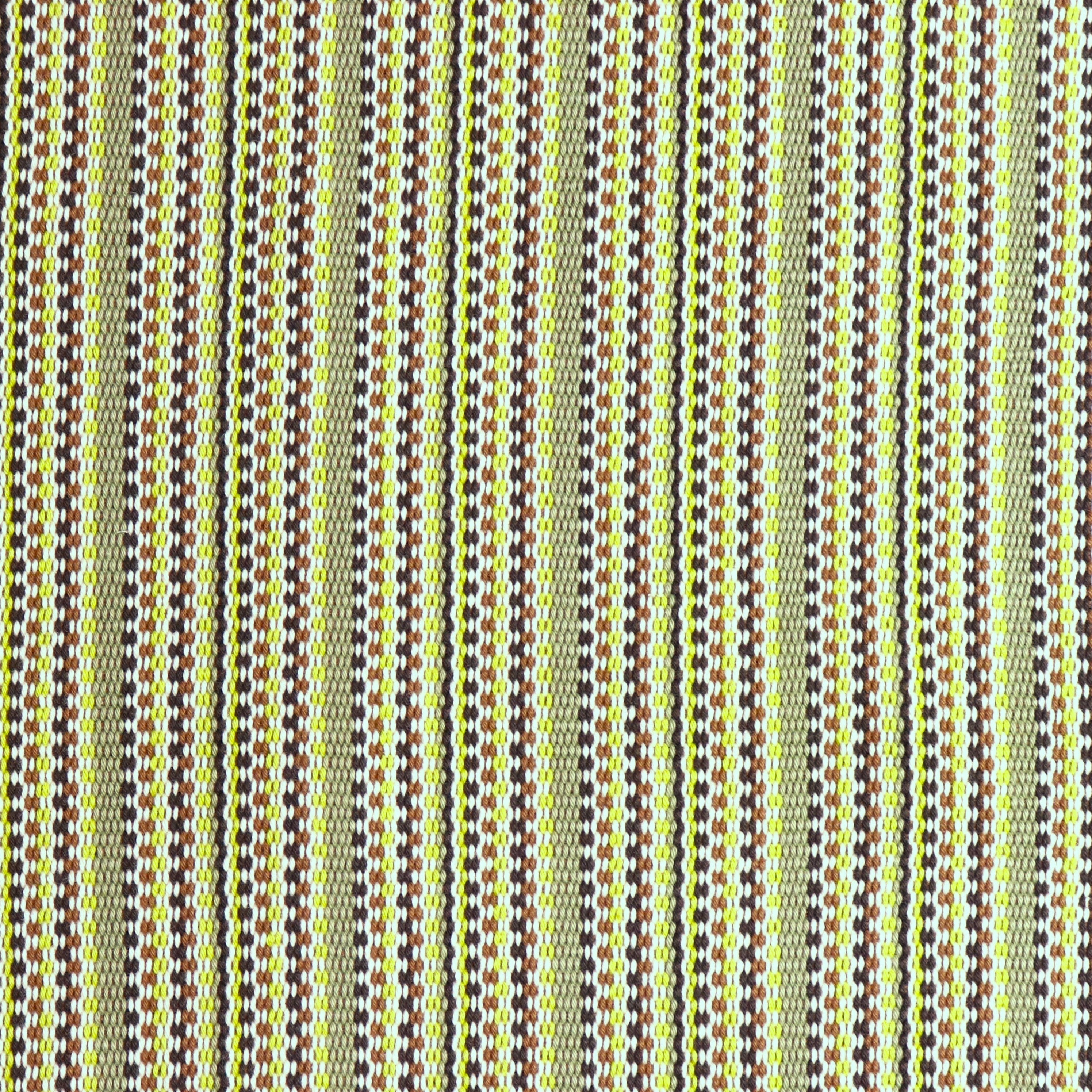 Detail of a hand-woven cotton fabric in an intricate gridded stripe pattern in shades of lime, brown and white.