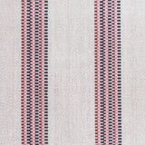 Detail of a hand-woven cotton fabric in an irregular stripe pattern in navy, red and pink on a white field.