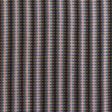 Detail of a hand-woven cotton fabric in an intricate stripe pattern in shades of brown, navy, pink and white.