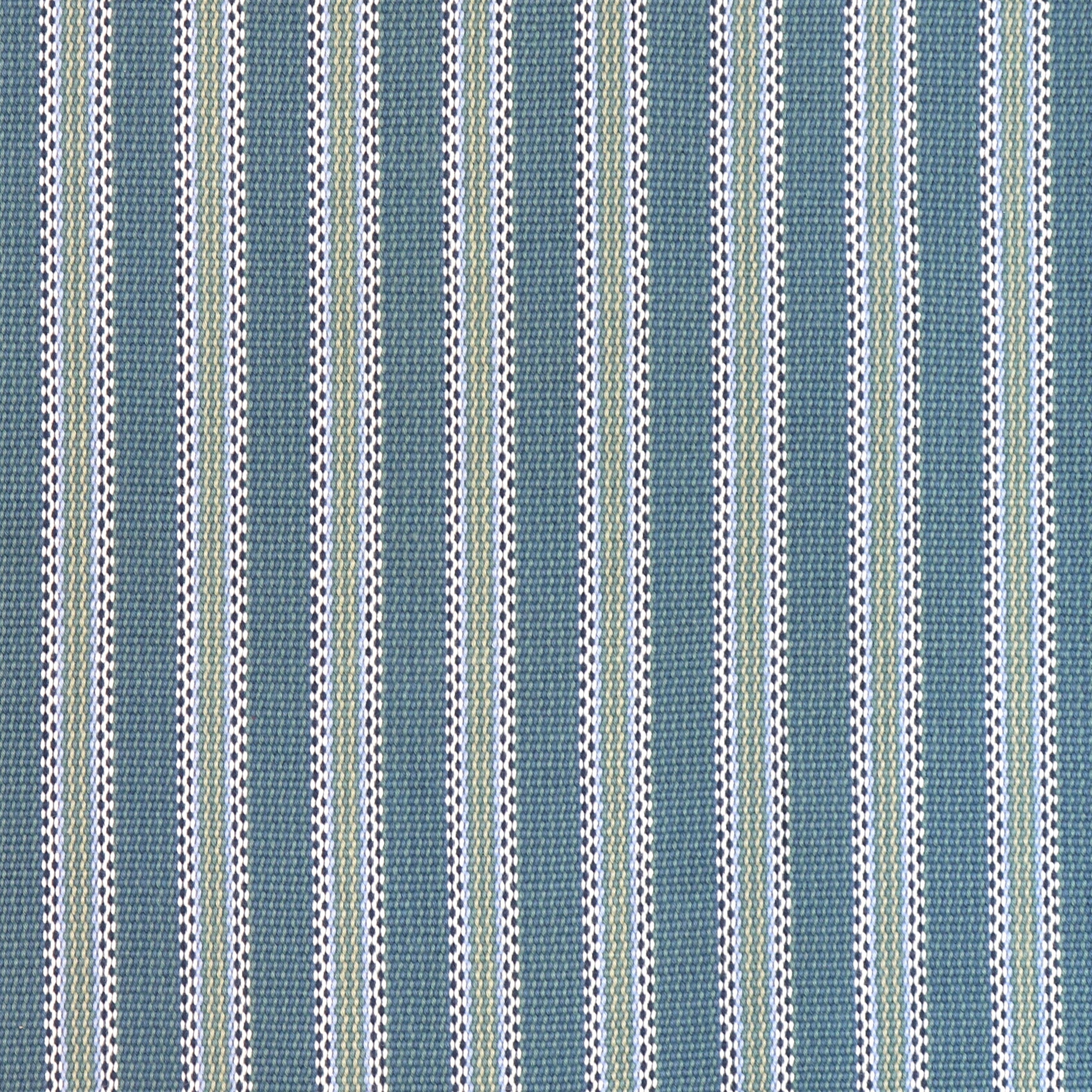Detail of a hand-woven cotton striped fabric in blue, green cream and navy.
