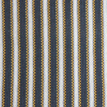 Detail of a hand-woven cotton fabric in an intricate stripe pattern in shades of blue, brown, yellow and white.