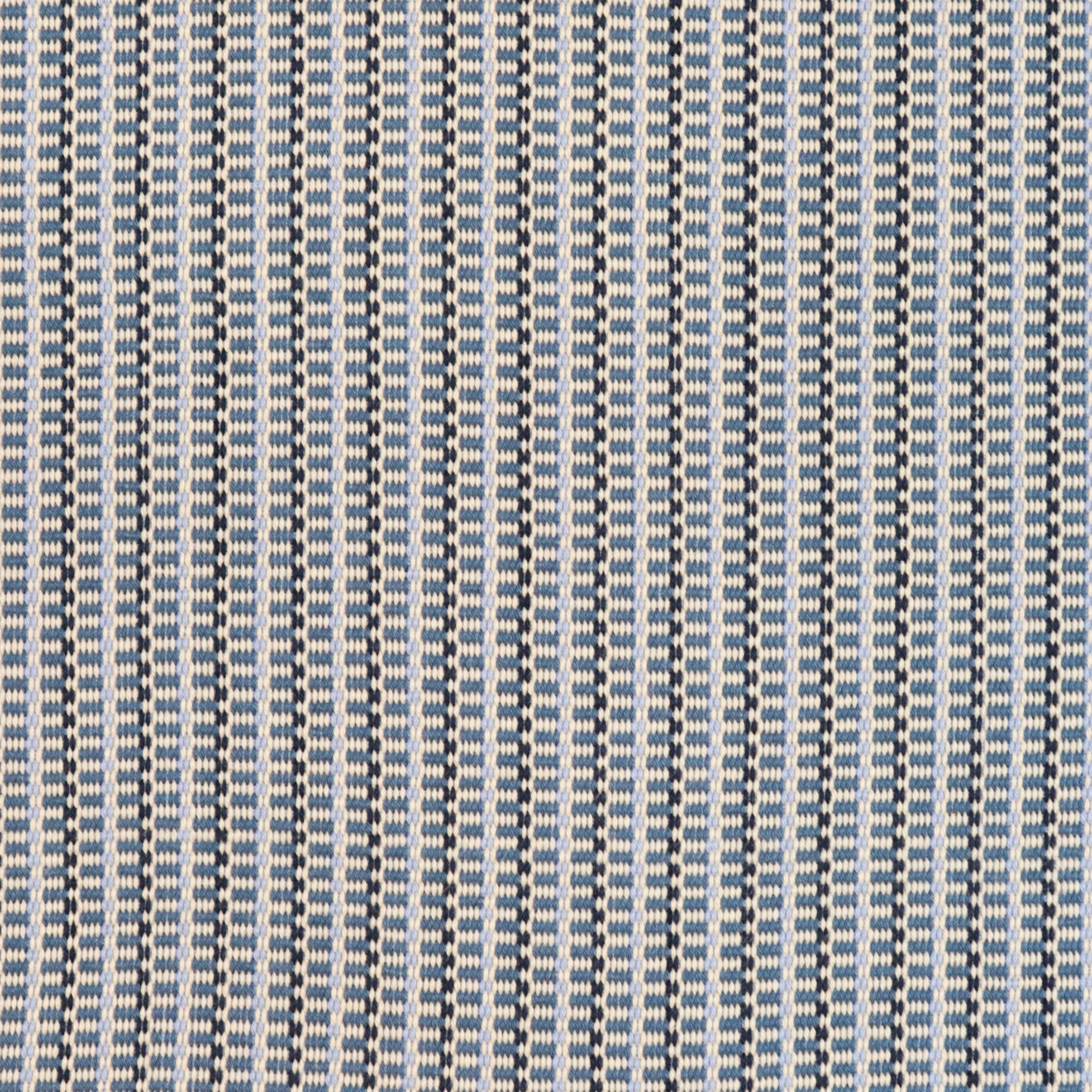 Detail of a hand-woven cotton striped fabric in blue, cream and navy.