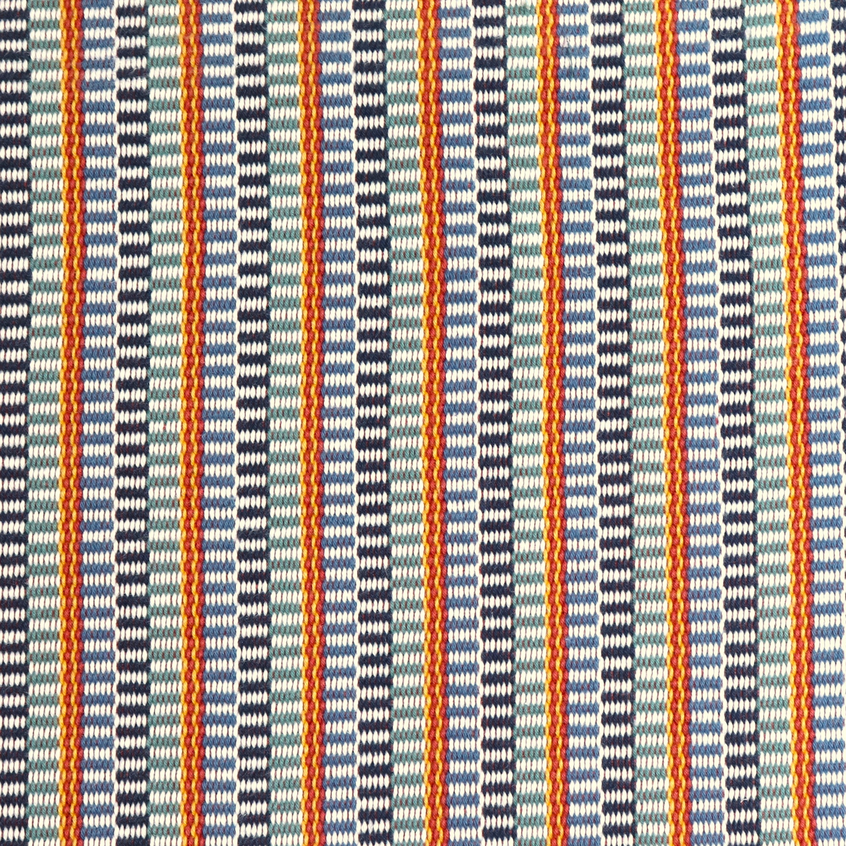 Detail of a hand-woven cotton fabric in an intricate gridded stripe pattern in shades of blue, white, red and yellow.