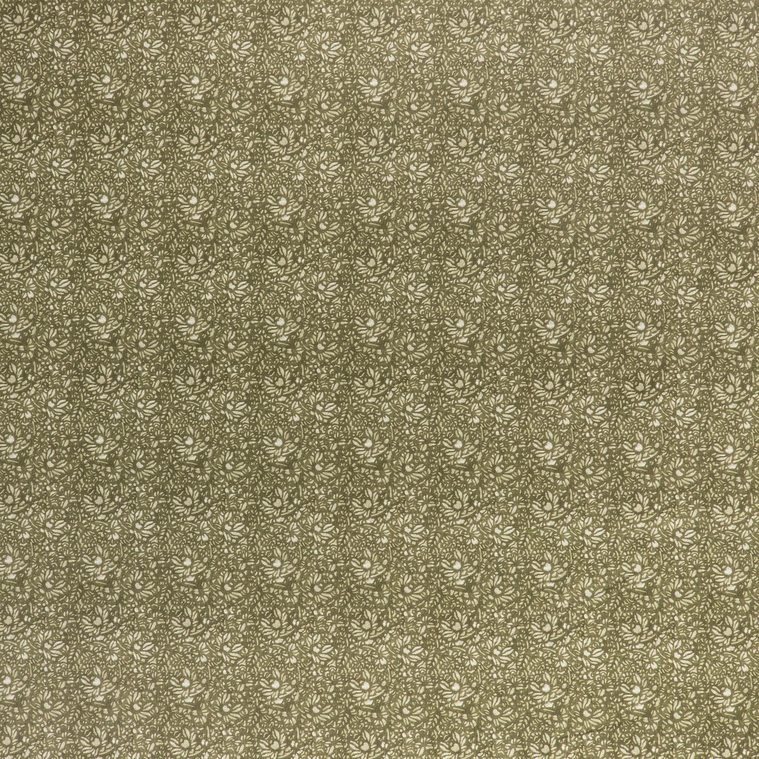 Printed linen fabric in a repeating chrysanthemum pattern in cream on an olive field.