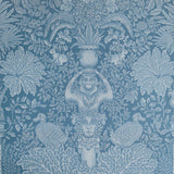 Decorative wallpaper with classical design elements on a blue background