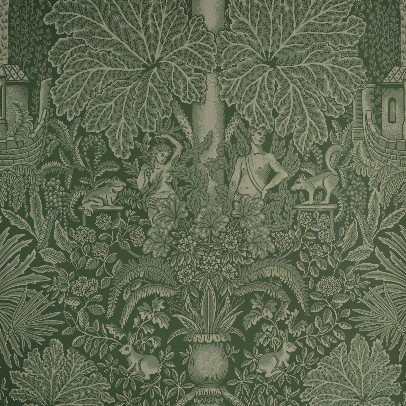 Decorative wallpaper with intricate green leaf and fantasy design on a dark background
