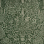 Decorative wallpaper with intricate green leaf and fantasy design on a dark background